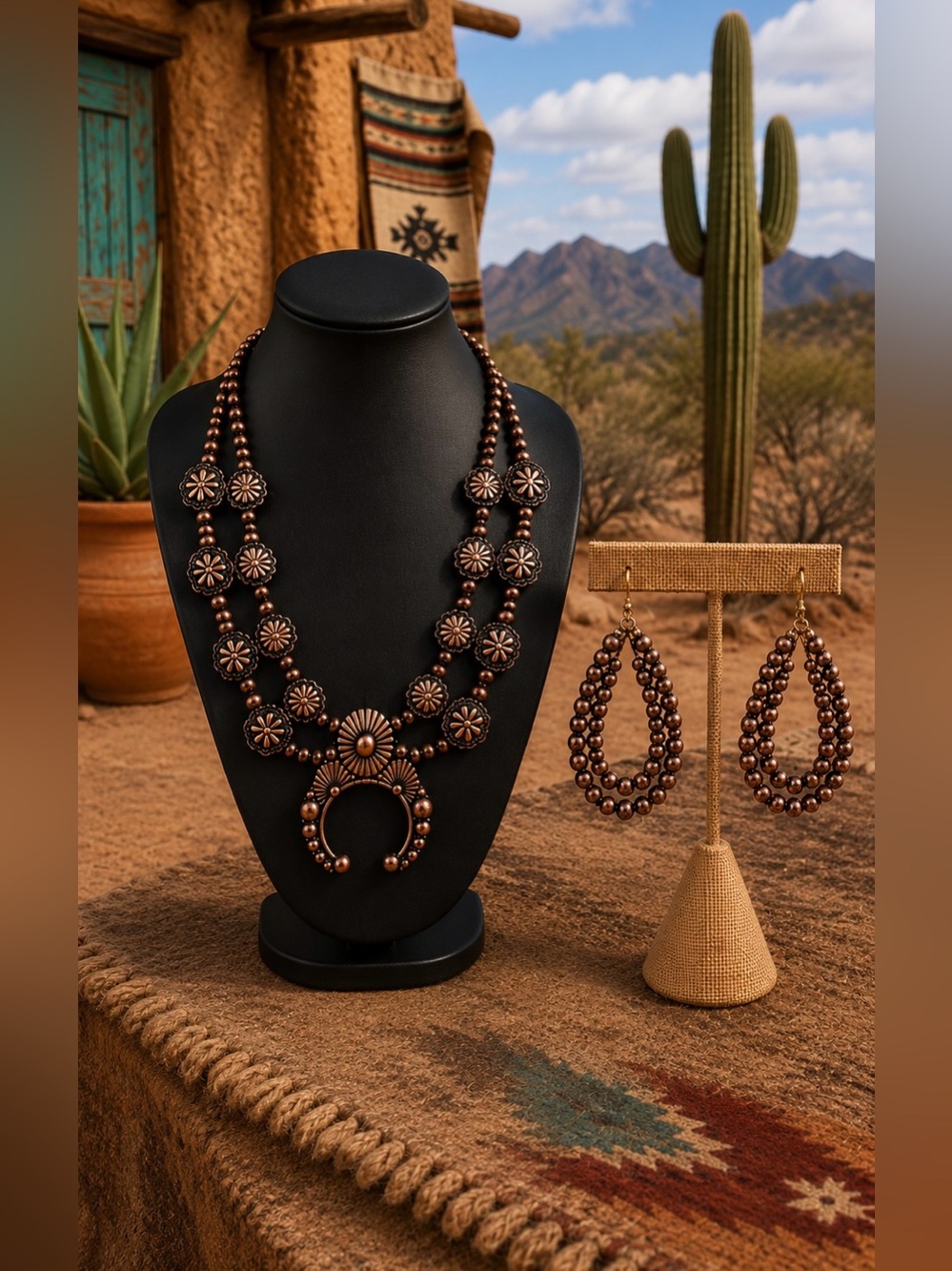 Southwest Western Copper Tone Squash Blossom Concho Bib Costume Necklace